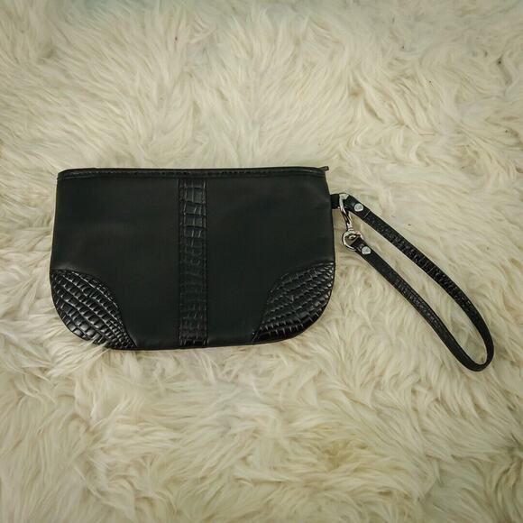 Levenger Black Leather Croc Embossed Zip Wrist Strap Purse Clutch Wristlet Bag - Picture 2 of 6